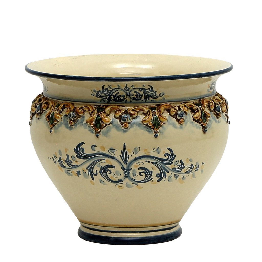 SOFIA TRICOLORE:  Round Cachepot/Planter with Bass Relief Decoration - Medium (14