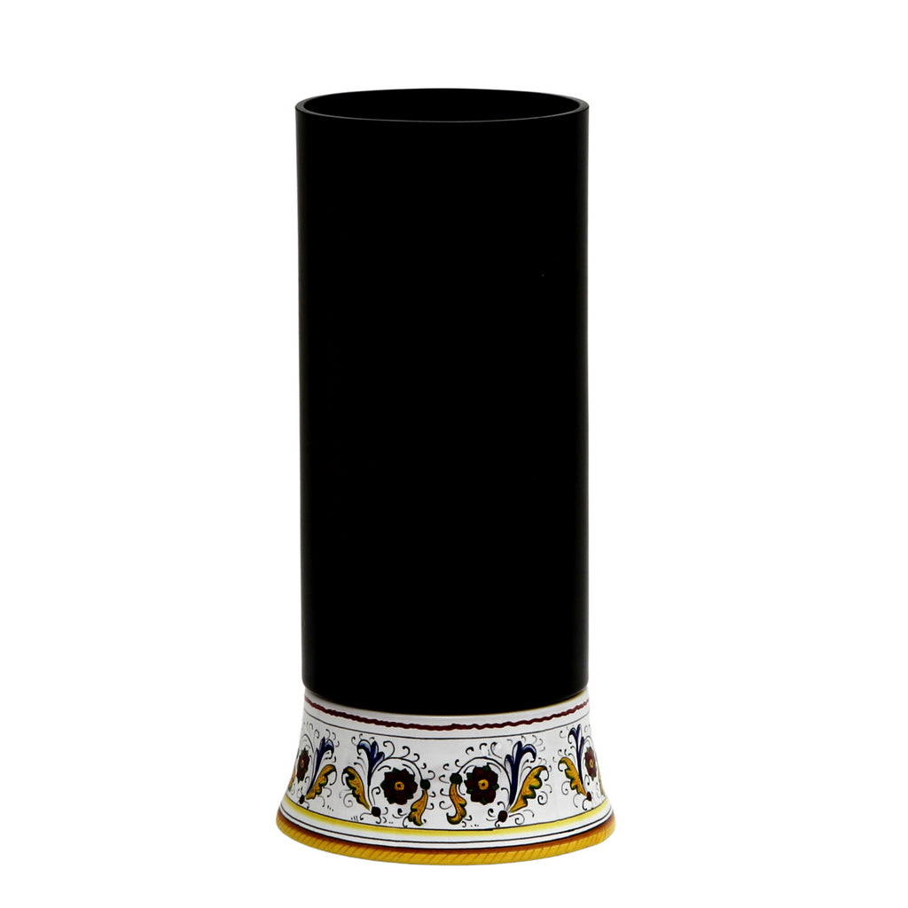 DERUTA BELLA VETRO: Cylindrical Glass Vase on ceramic base PERUGINO design - BLACK Glass