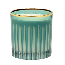 Load image into Gallery viewer, CRYSTAL CANDLES: Scented soy candle in hand engraved GREEN crystal cup ~ Blue Spruce scent - Artistica.com
