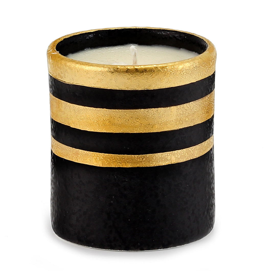 HOLIDAYS DERUTA MILANO: Candle Black with Hand Painted Pure Gold Stripes - Artistica.com