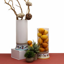 Load image into Gallery viewer, DERUTA BELLA VETRO: Cylindrical Glass Vase on ceramic base PERUGINO design - BLACK Glass
