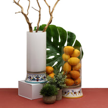 Load image into Gallery viewer, DERUTA BELLA VETRO: Cylindrical Glass Vase on ceramic base PERUGINO design - WHITE Glass
