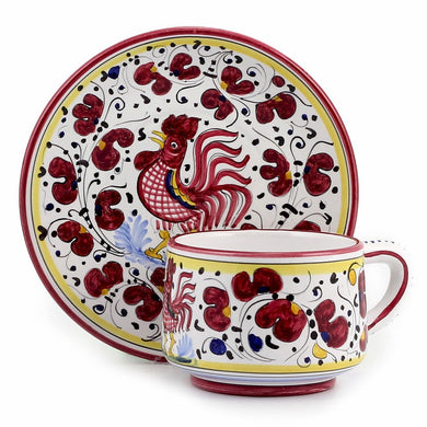 ORVIETO RED ROOSTER: Cup and Saucer [SOLID RIM] [R] - Artistica.com