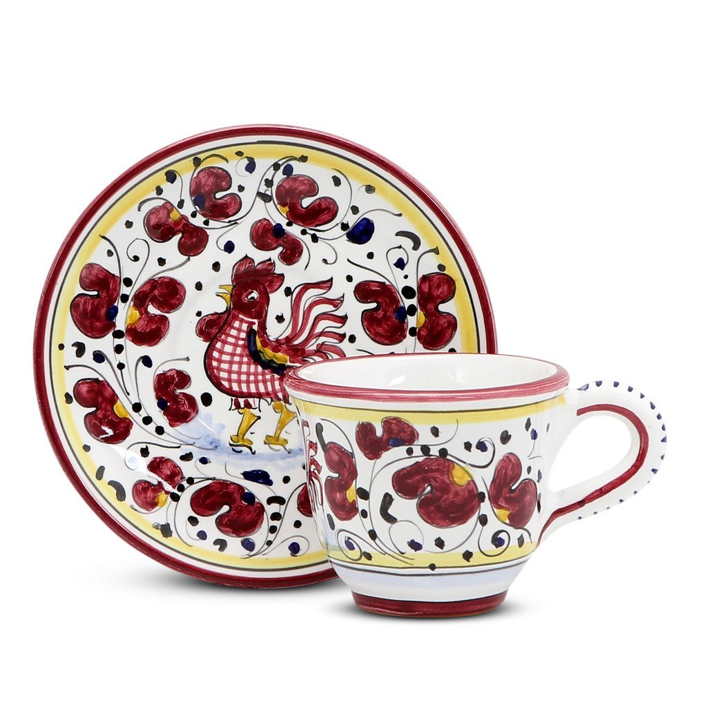 ORVIETO RED ROOSTER: Espresso cup and Saucer [SOLID RIM] [R] - Artistica.com