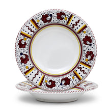Load image into Gallery viewer, ORVIETO RED ROOSTER: Rim Pasta Soup Bowl (White Center) [STRIPED RIM] - Artistica.com
