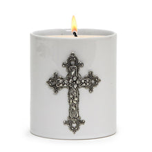 Load image into Gallery viewer, MONDIAL CANDLES: BIANCA Collection - Porcelain Container Candle with Antique Silver Crucifix
