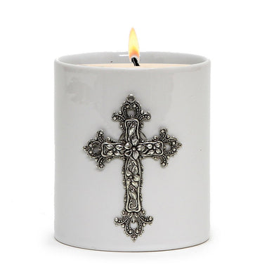 MONDIAL CANDLES: BIANCA Collection - Porcelain Container Candle with Antique Silver Crucifix
