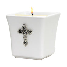 Load image into Gallery viewer, MONDIAL CANDLES: BIANCA Collection - Ceramic Square Container Candle with Antique Silver Crucifix - Artistica.com
