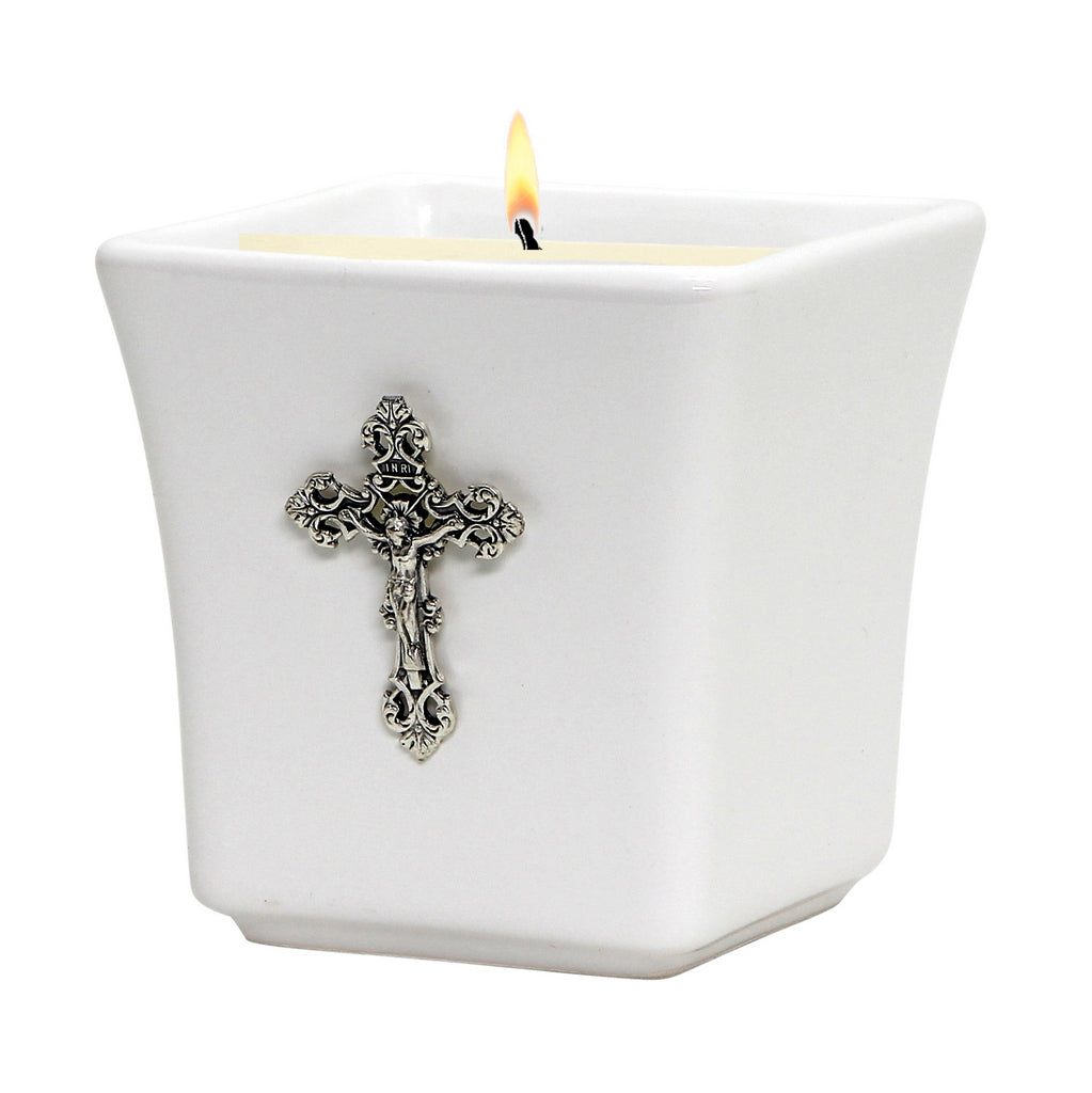 MONDIAL CANDLES: BIANCA Collection - Ceramic Square Container Candle with Antique Silver Crucifix - Artistica.com