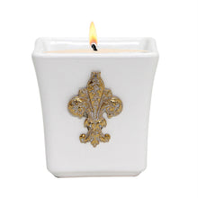Load image into Gallery viewer, MONDIAL CANDLES: BIANCA Collection - Ceramic Square Container Candle with  Gold &amp; White Fleur De Lis Ornament - Artistica.com
