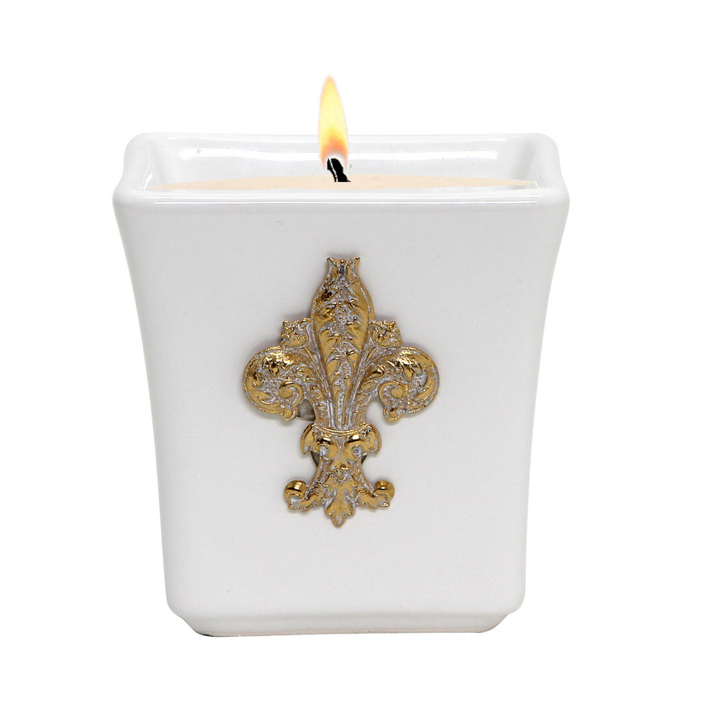 MONDIAL CANDLES: BIANCA Collection - Ceramic Square Container Candle with  Gold & White Fleur De Lis Ornament - Artistica.com