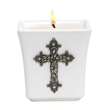 Load image into Gallery viewer, MONDIAL CANDLES: BIANCA Collection - Ceramic Square Container Candle with ANTIQUE SILVER Floral Cross Ornament - Artistica.com
